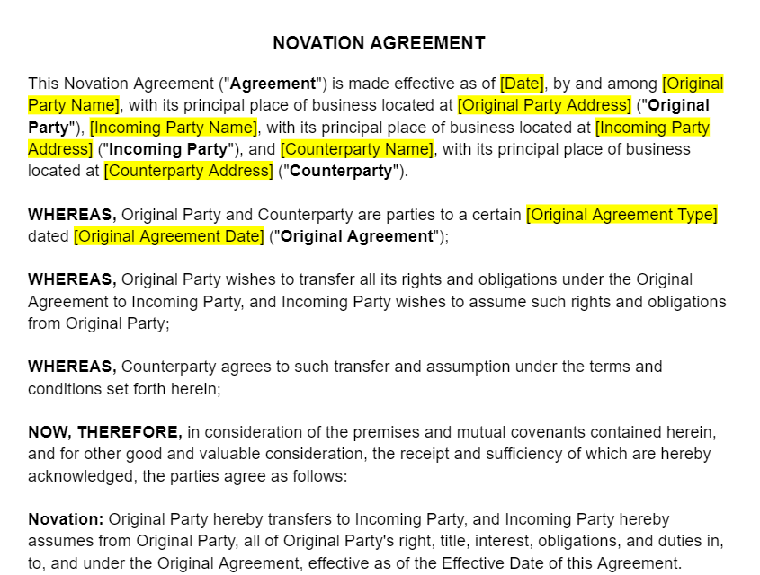 Novation Agreement Template