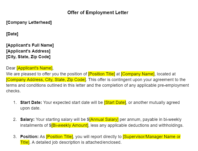 Offer of Employment Letter Template