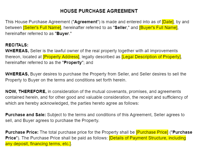 Purchase Agreement for House Template