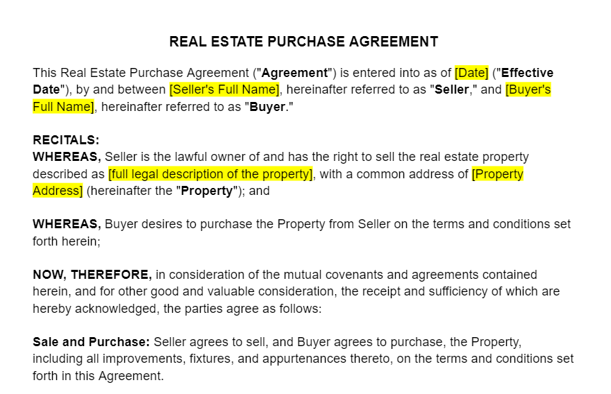 Real Estate Purchase Agreement Template