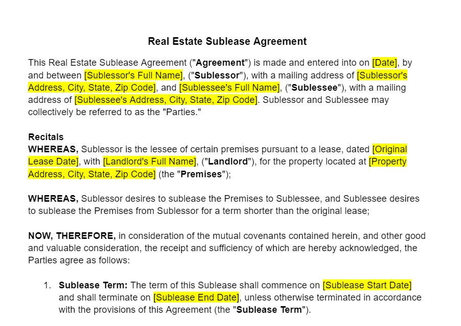 Sublease Agreement Template