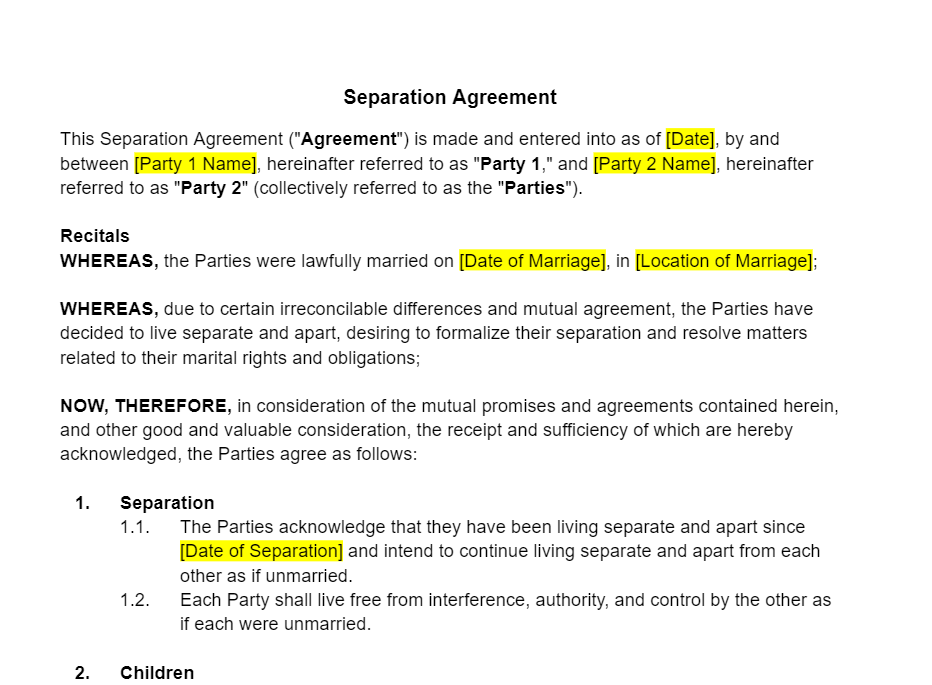 Separation Agreement Template