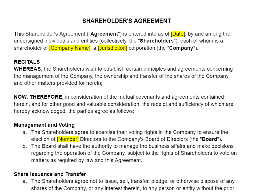 Shareholder’s Agreement Template
