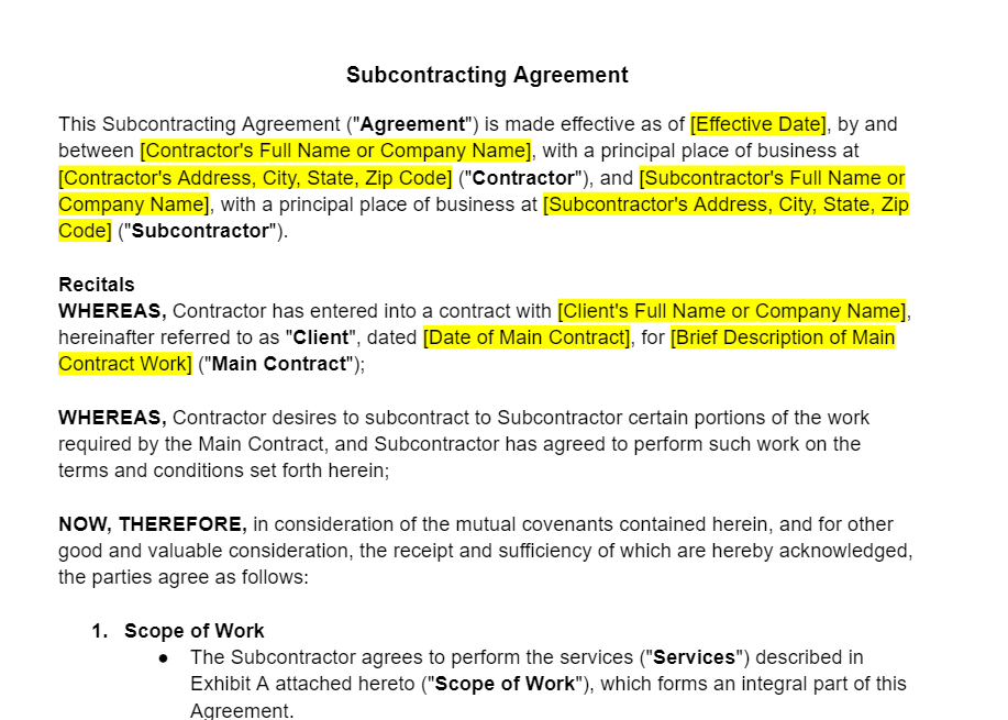 Subcontracting Agreement Template