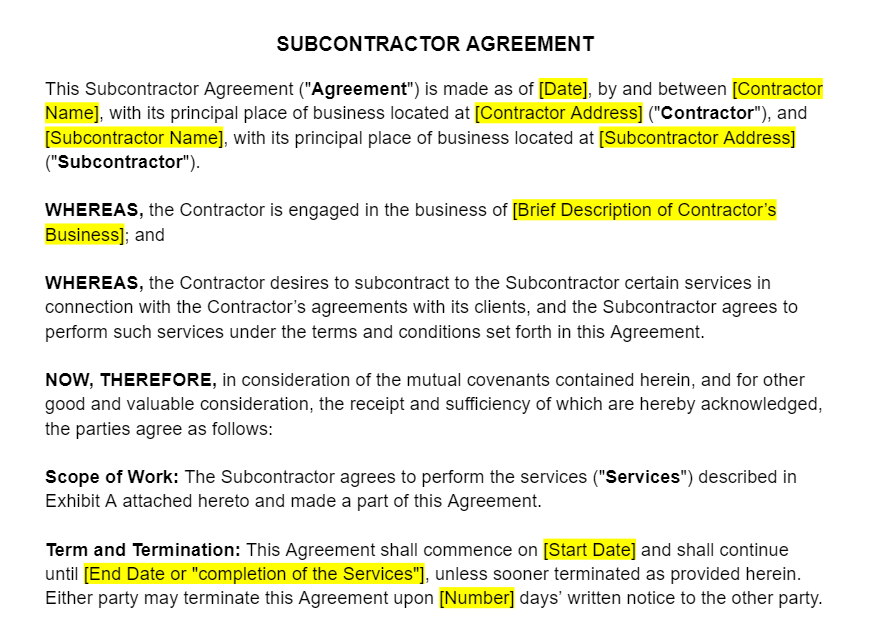 Subcontractor Agreement Template