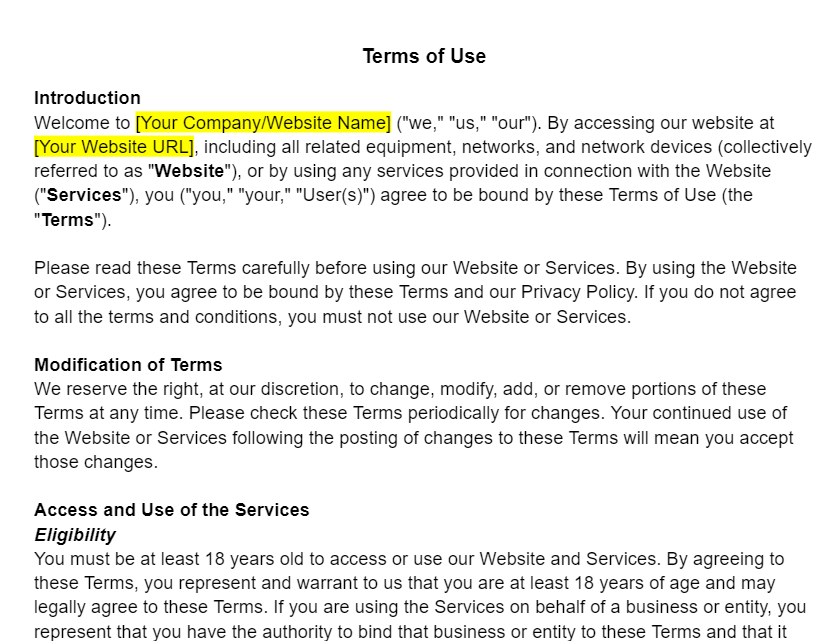 Terms of Use Template