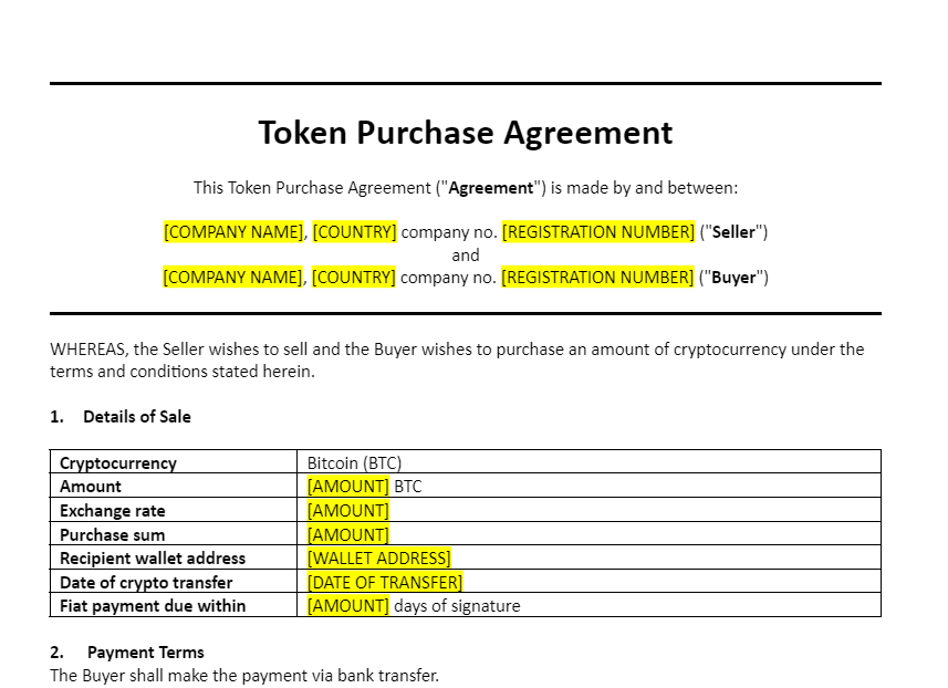 Token Purchase Agreement Template