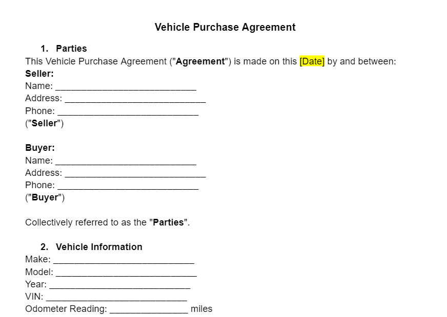 Purchase Agreement for Vehicle Template