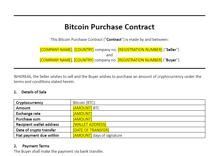 Bitcoin Purchase Contract Template