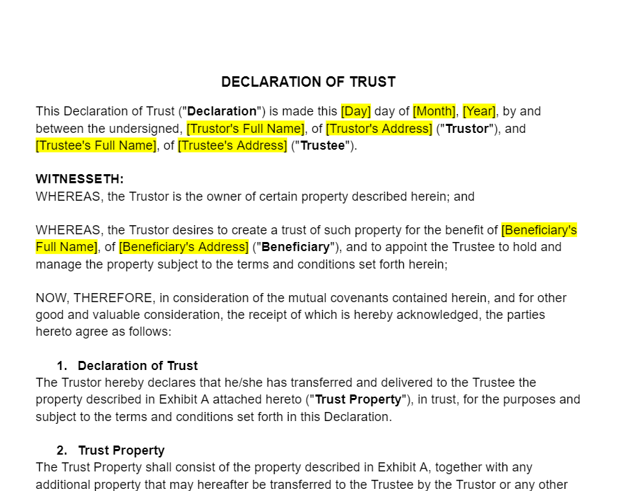 Declaration of Trust Template - Freshdox